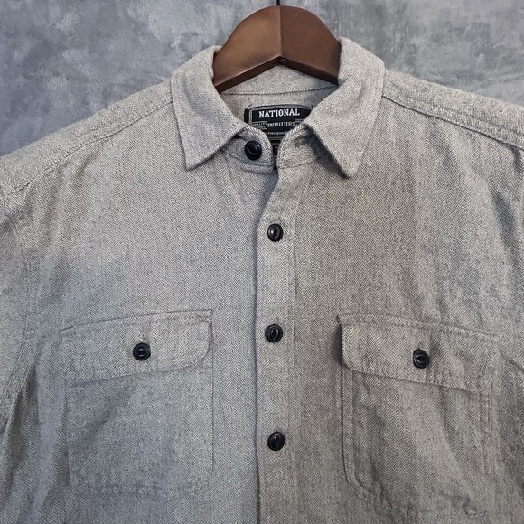 National Outfitters Men's L Gray Herringbone Button Up Flannel Shirt Cotton - Picture 2 of 7